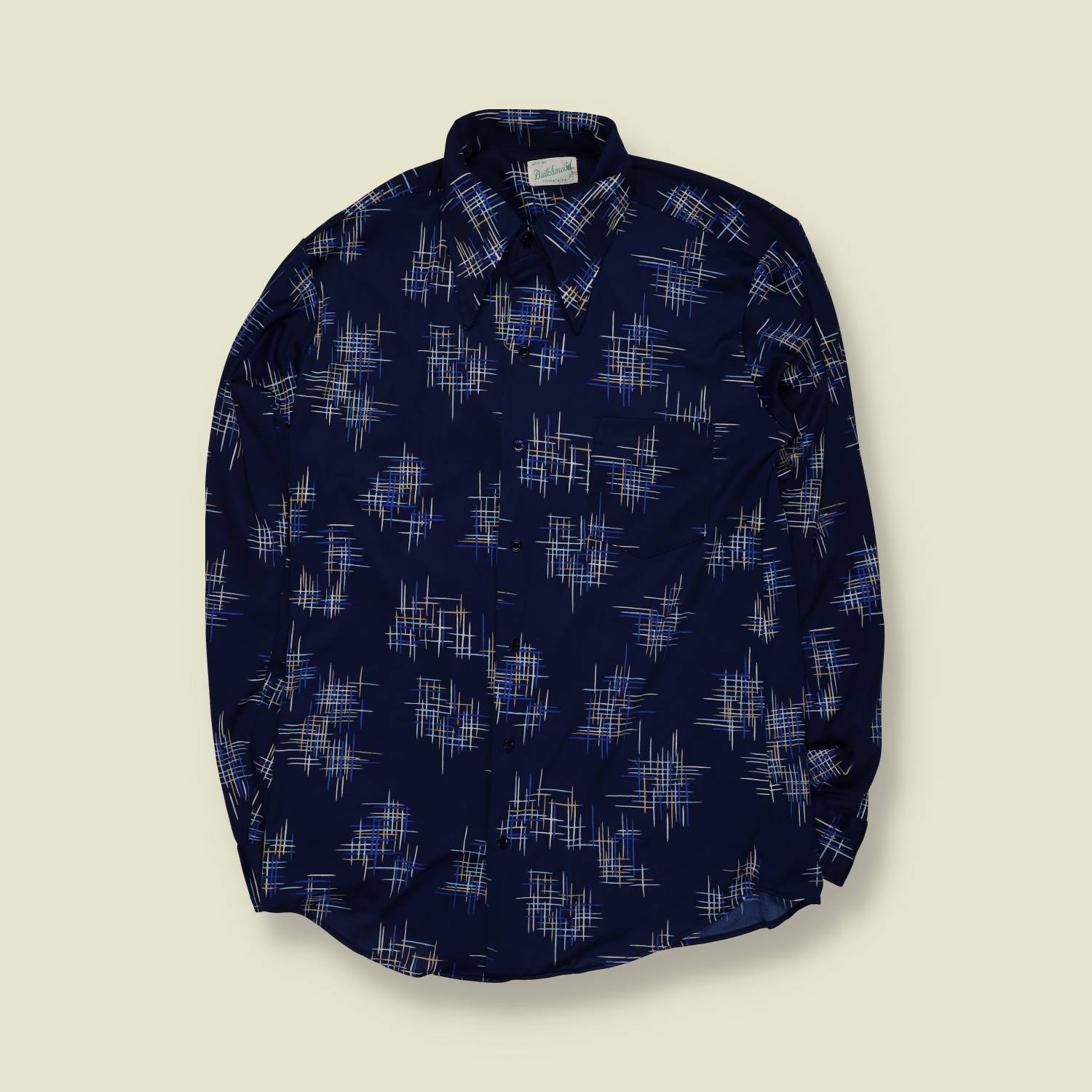 1970s | Dutchman | Geometric Print Polyester Shirt | Navy – S