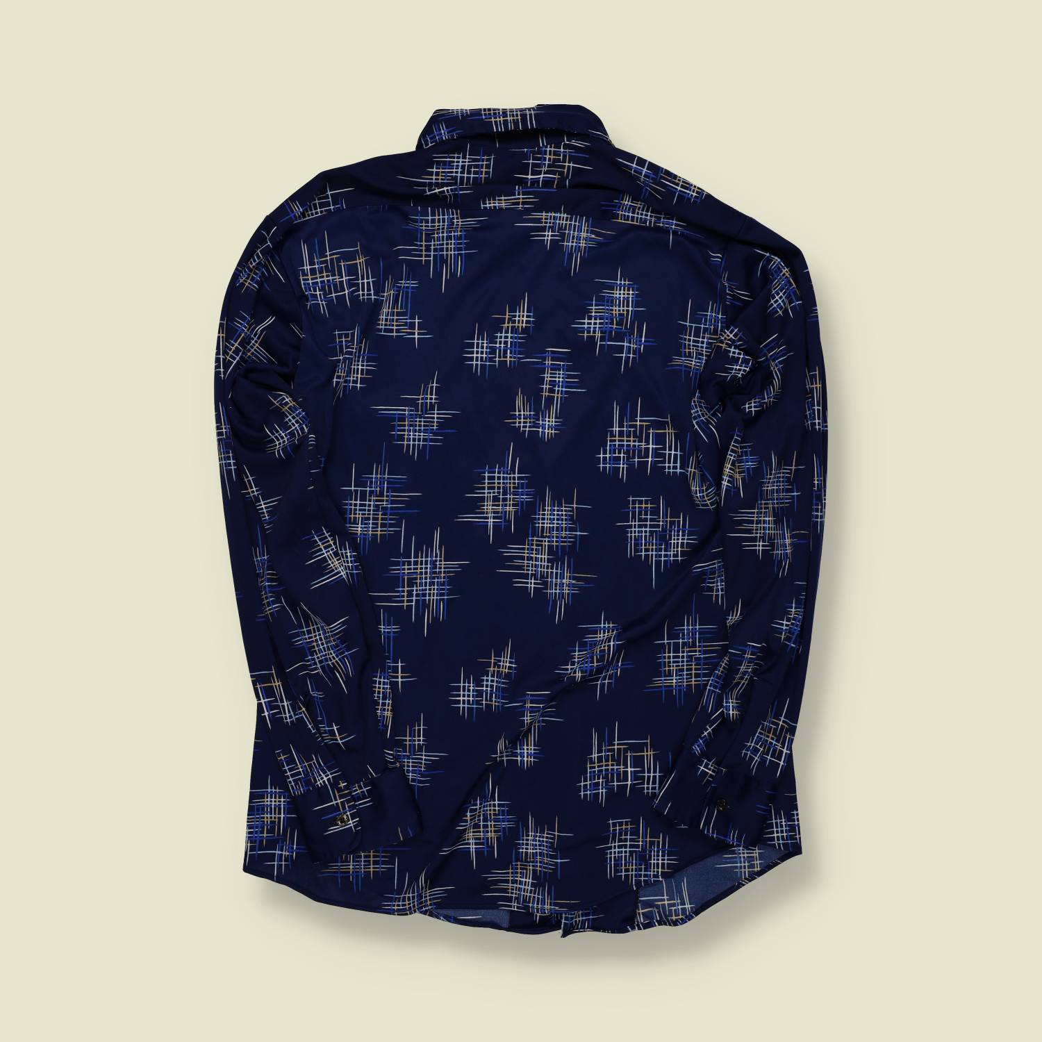 1970s | Dutchman | Geometric Print Polyester Shirt | Navy – S