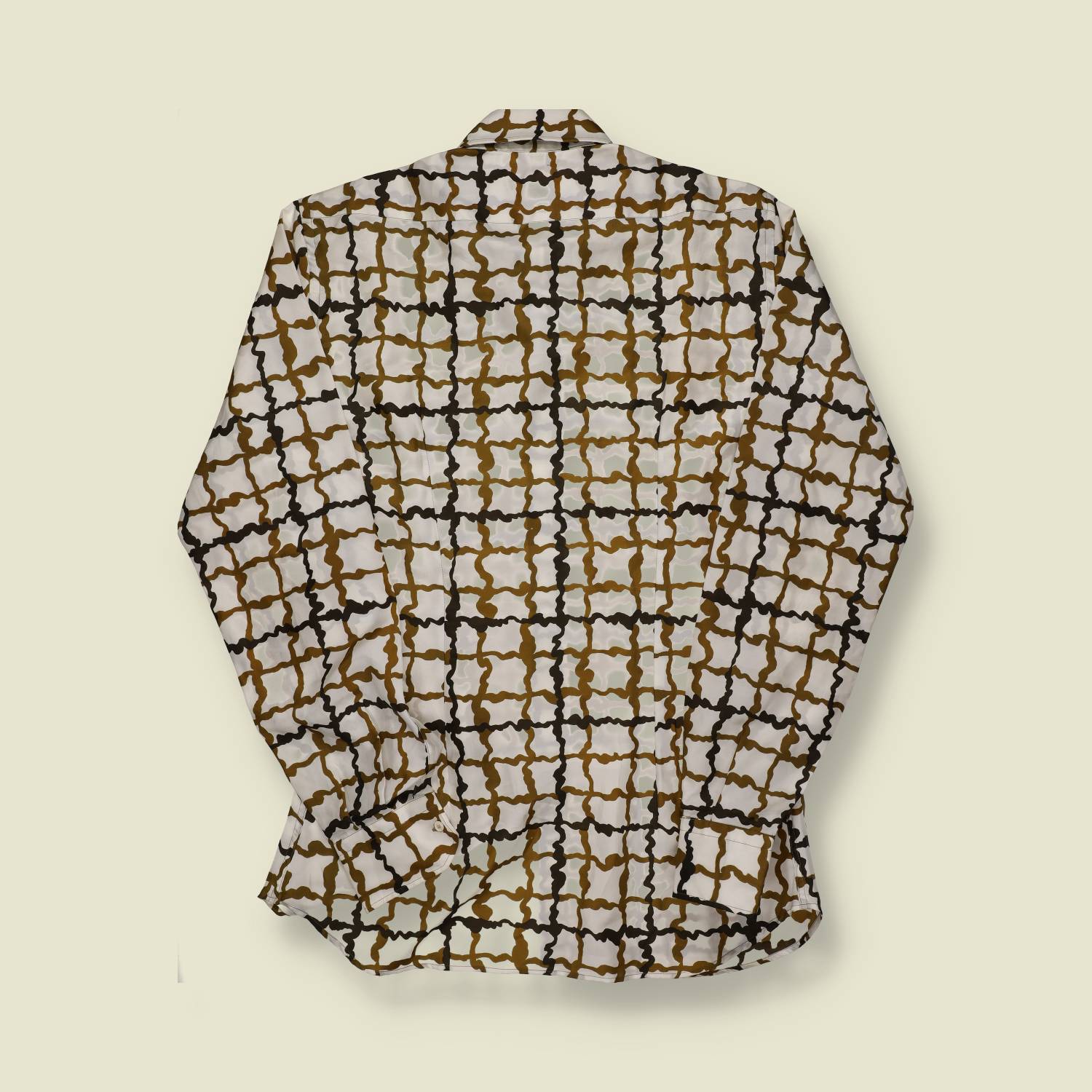 1970s | Unbranded | Polyester Print Shirt | Abstract Grid Pattern – M