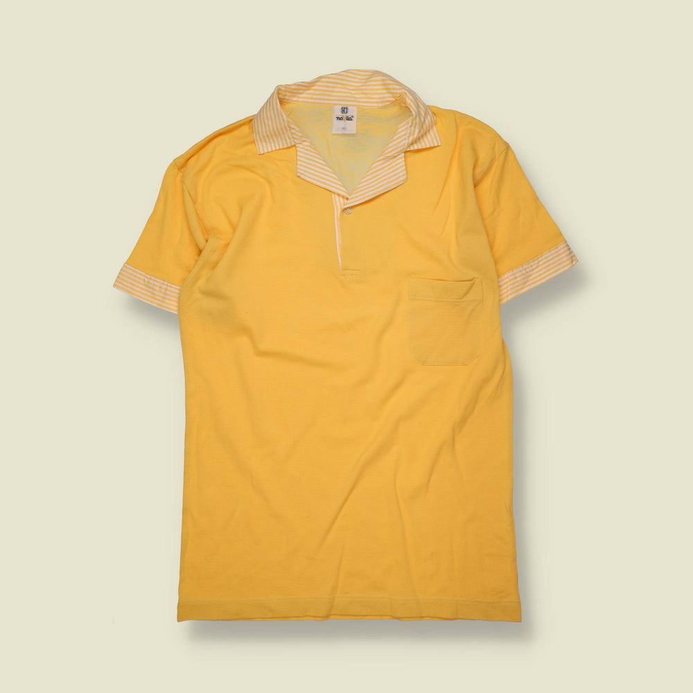 1970s / Early 1980s | Unbranded | Cotton Polo Shirt | Yellow with Stripe Trim – S