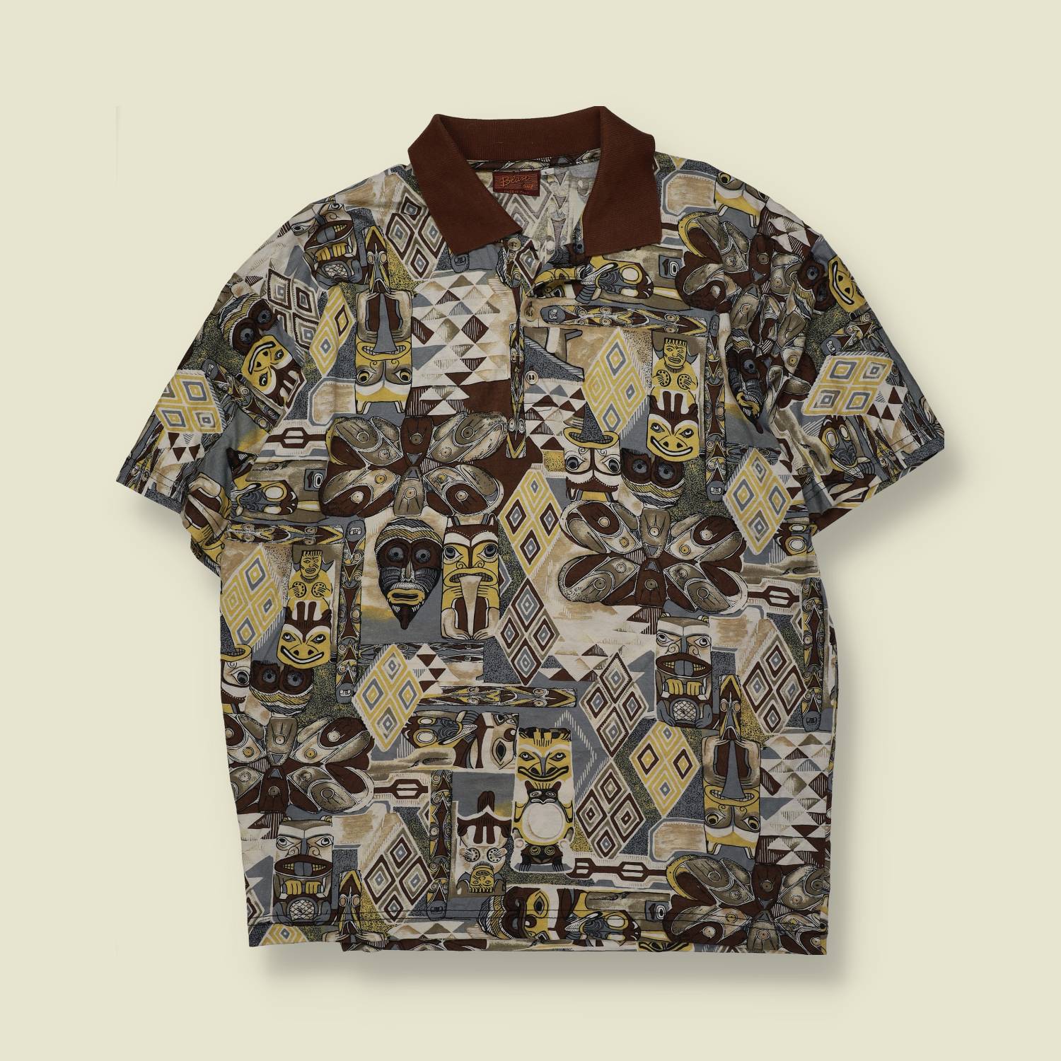 1980s / 1990s | Made in Italy | Printed Cotton Polo Shirt | Tribal Pattern – L