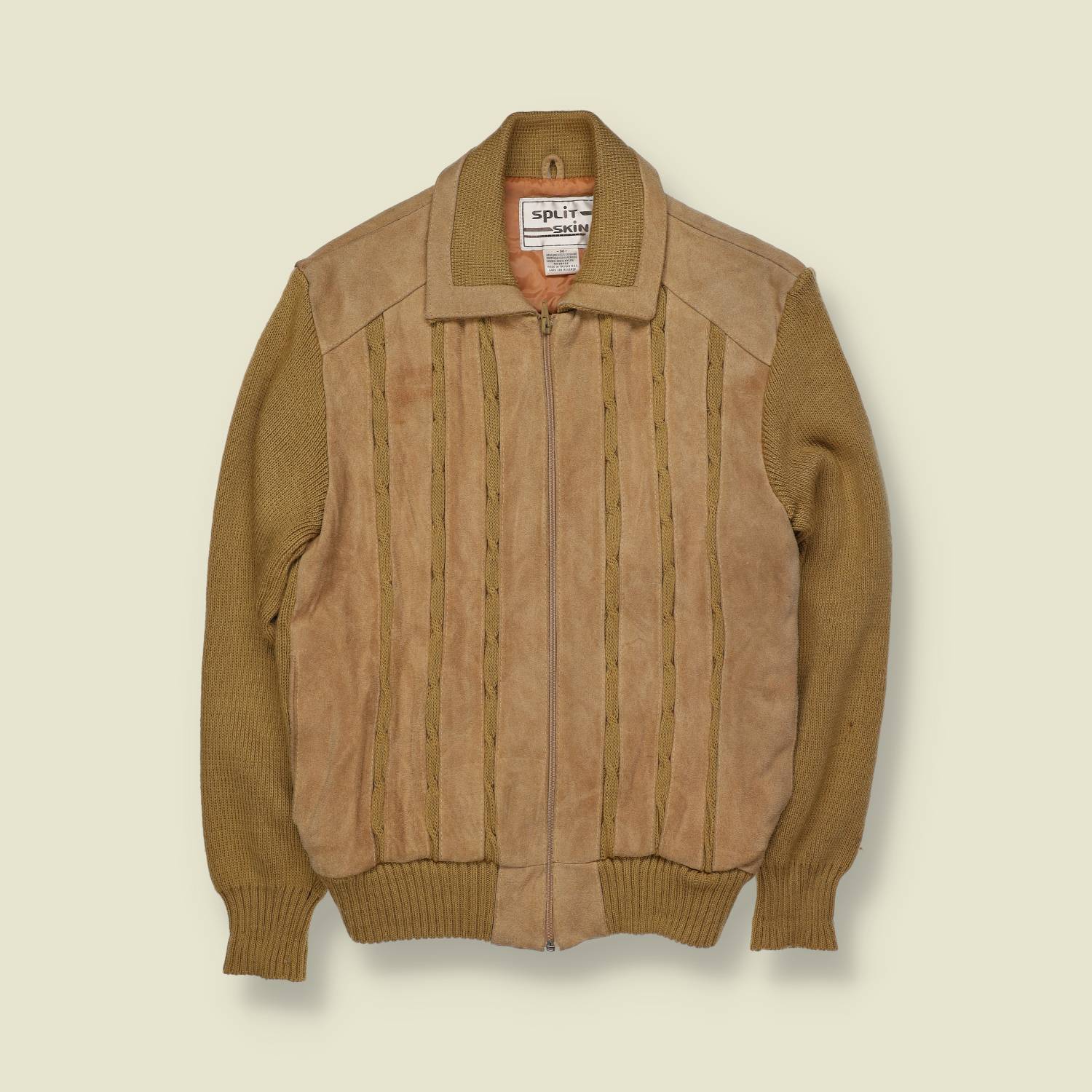 1970s | Split Skin | Leather & Knit Cardigan Jacket | Tan / Tobacco – XS