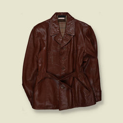 1960s | Leather Belted Workwear Coat | Dark Brown – M