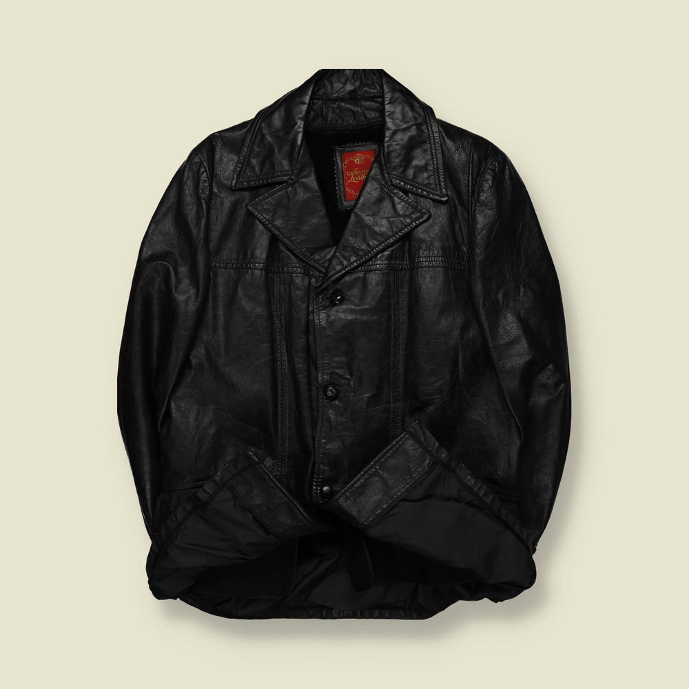 1970s | Genuine Leather | Button Front Leather Coat | Black – XL