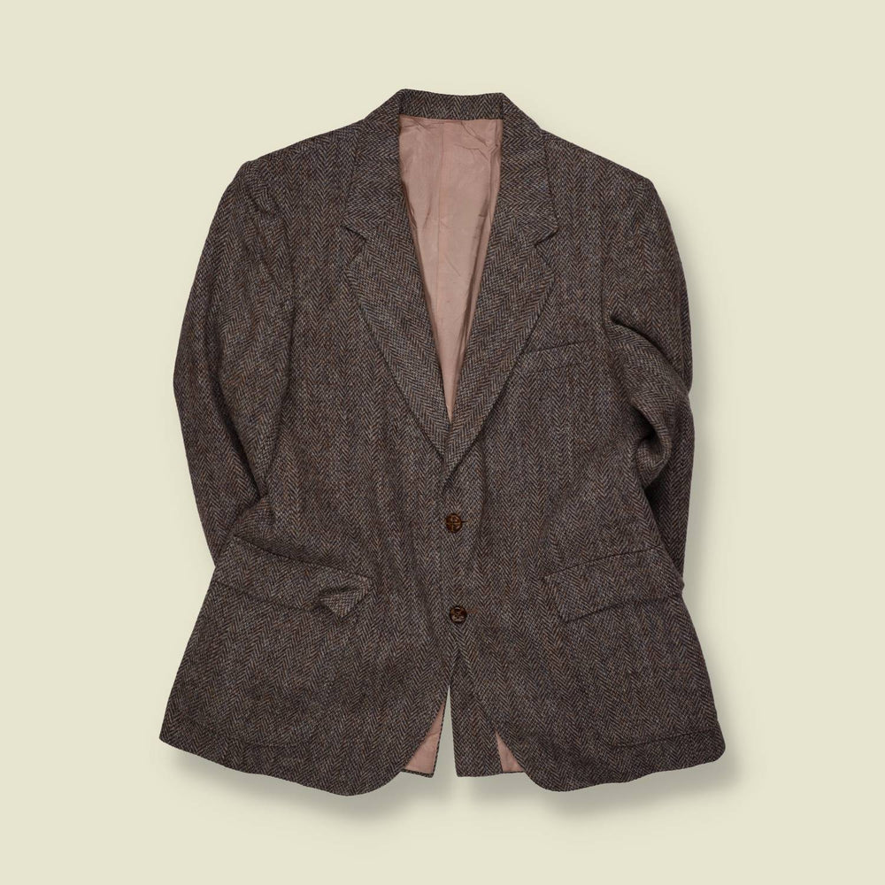 1980s | Harris Tweed | Blazer | Grey Brown Herringbone - S