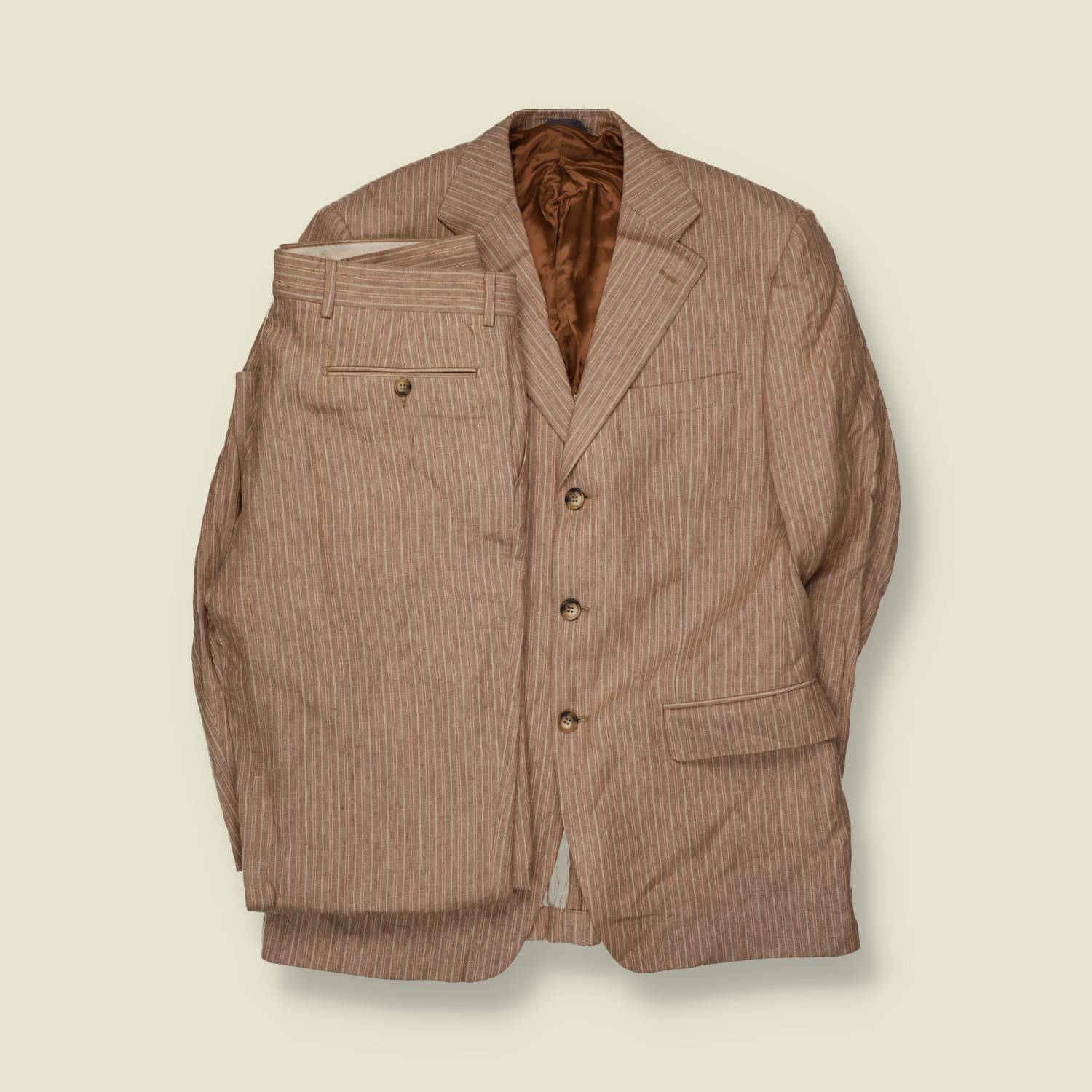 1990s | Three-Button Suit | Tan Pinstripe - S