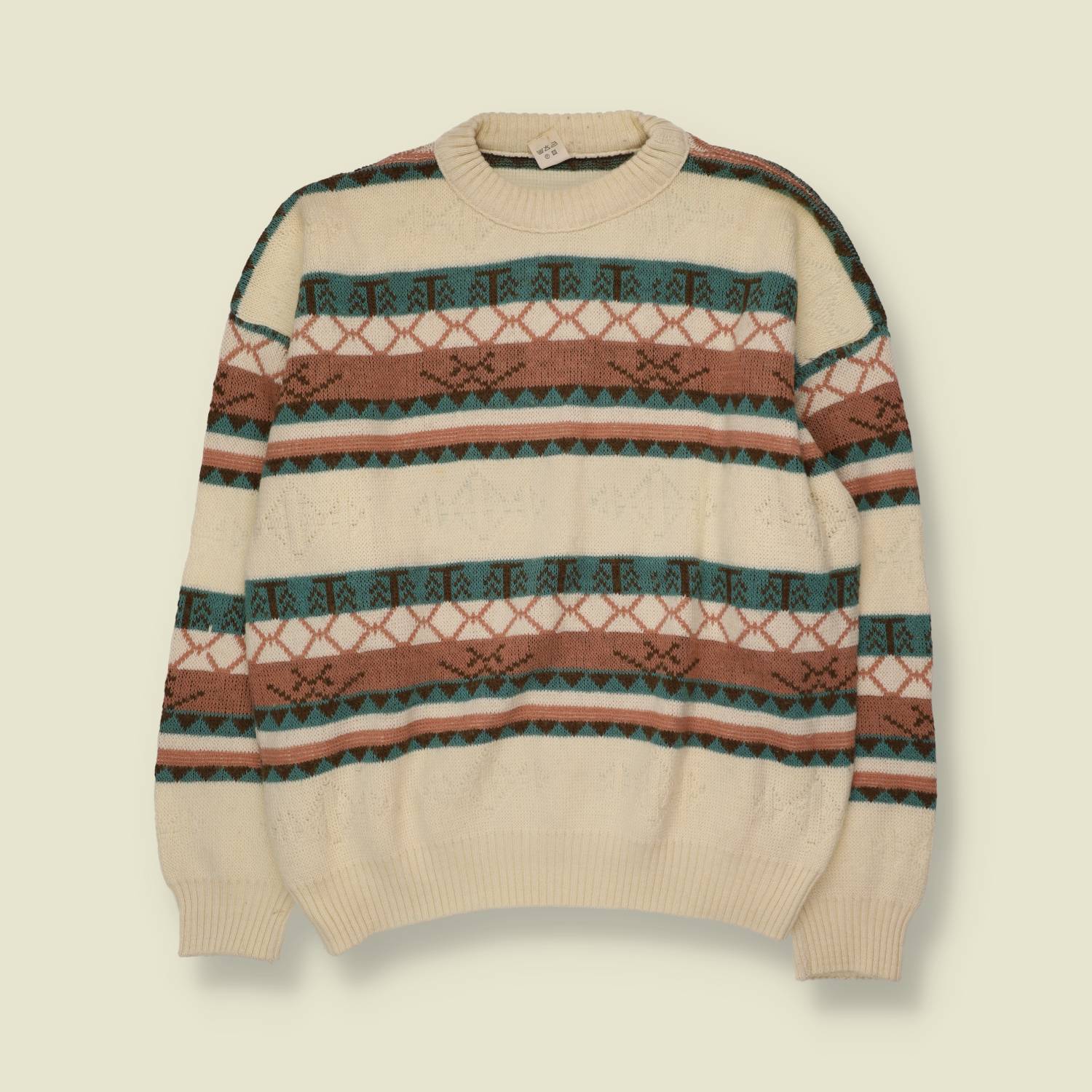 1980s | Knit Jumper | Cream Multicolour - L