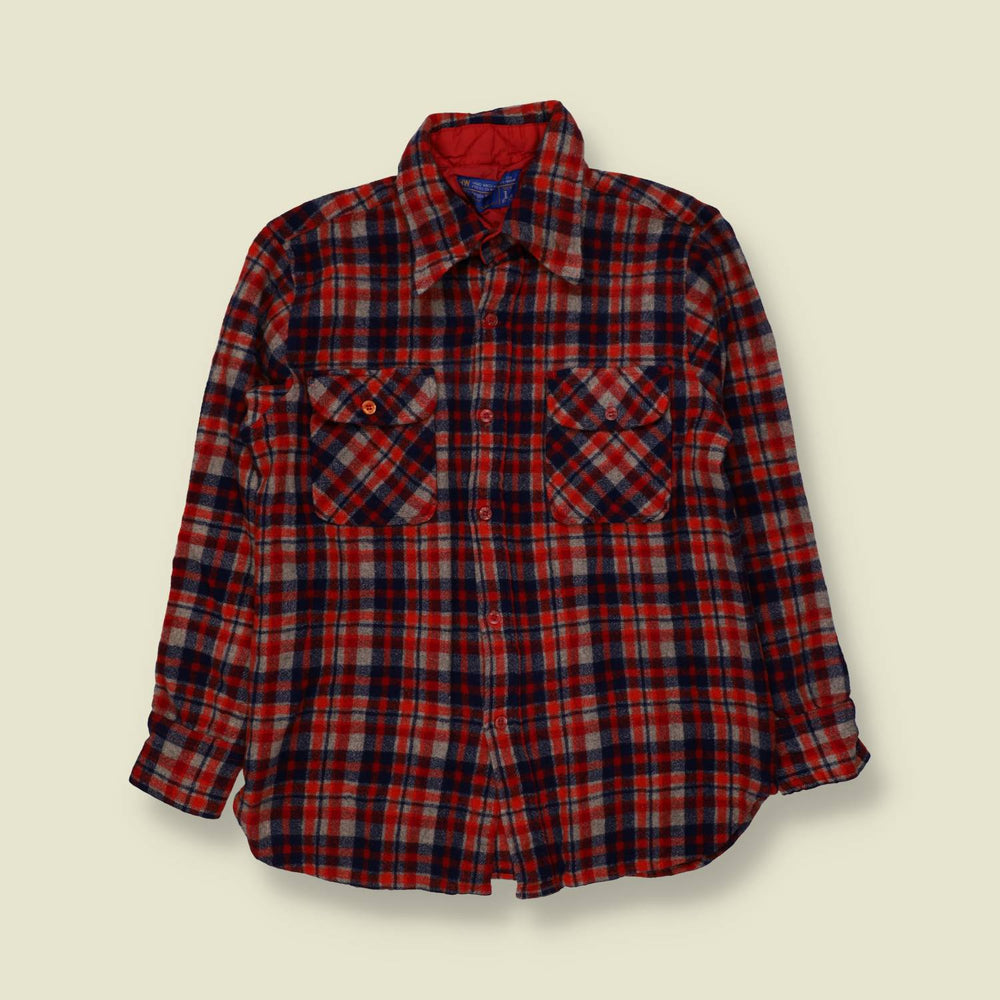 1970s | JC Penney | Flannel Shirt | Red Navy Grey Check - XXS