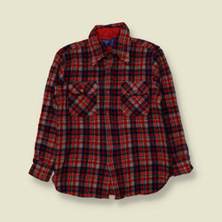 1970s | JC Penney | Flannel Shirt | Red Navy Grey Check - XXS