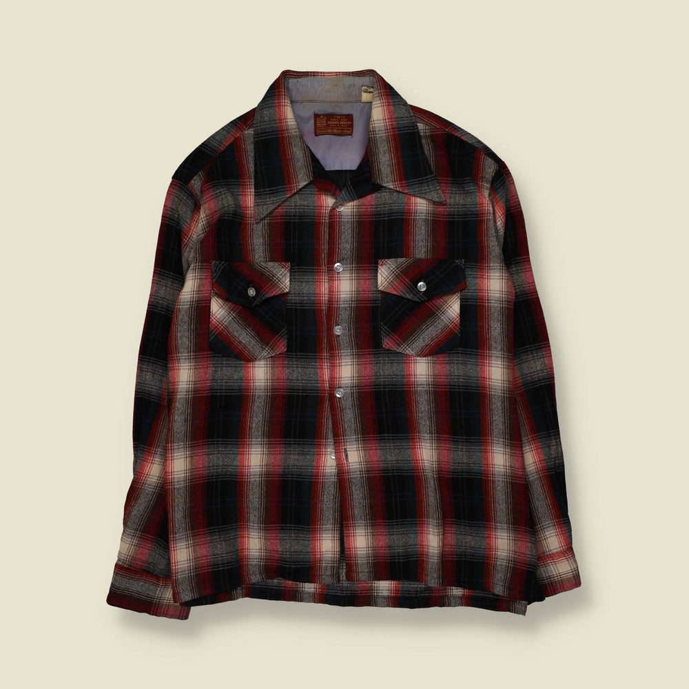 1970s | Wool Shirt | Red Grey Cream Check - XL