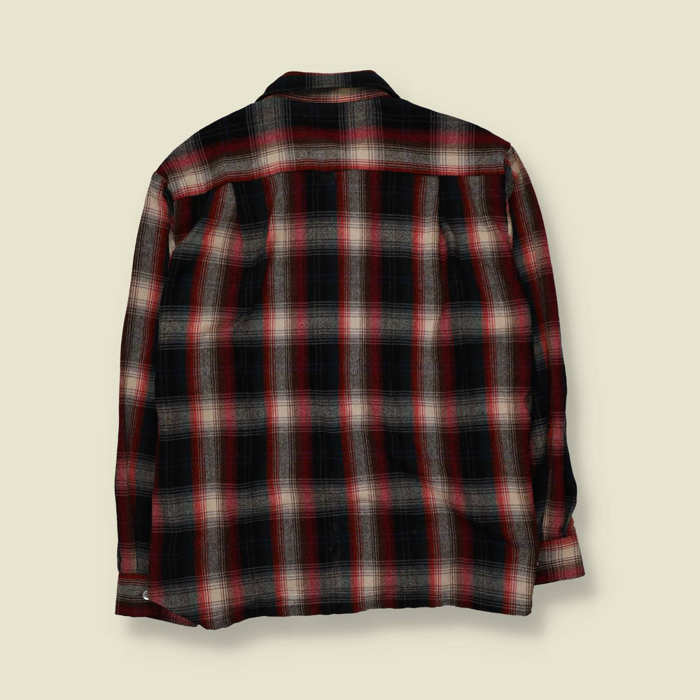 1970s | Wool Shirt | Red Grey Cream Check - XL