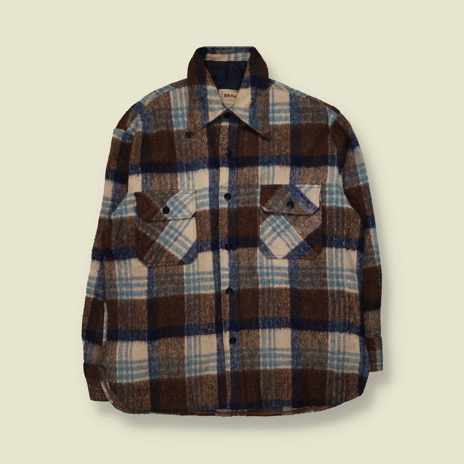1970s | Bravo | Chunky Wool Shirt | Brown Blue Cream Check - XL