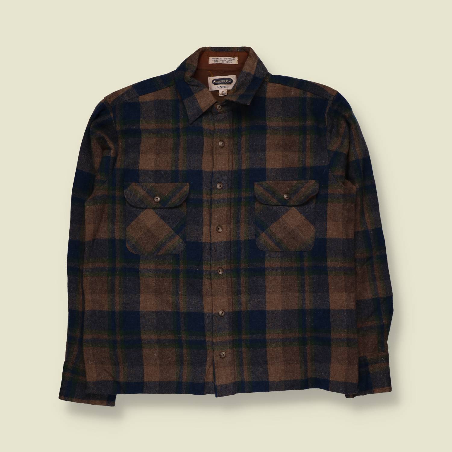 1980s | Shelter Bay by Arrow | Shirt | Brown/Navy Plaid | Made in Korea- M