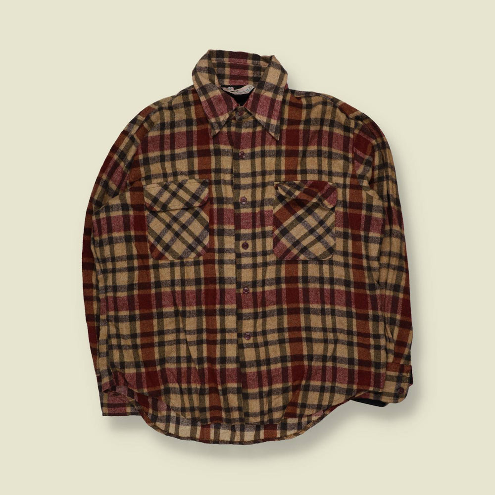1970s | Kmart | Perma Press Shirt | Tan/Burgundy Plaid - XL