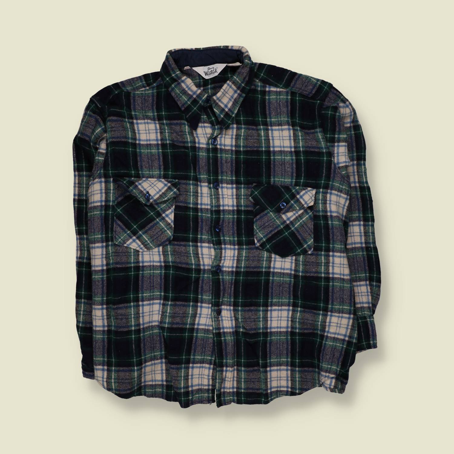 1980s | Woolrich | Shirt | Navy/Green/Cream Plaid | Made in USA - 3XL