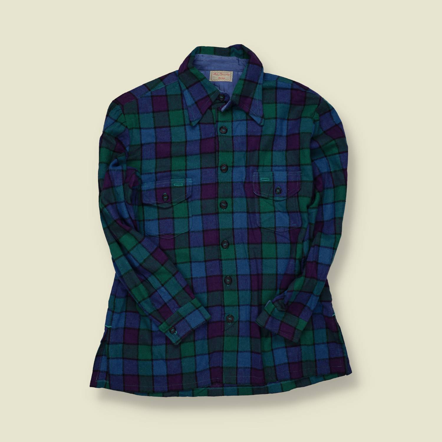1970s | Pam Levy | Heavy Flannel Shirt – Green/Blue/Purple Check - S