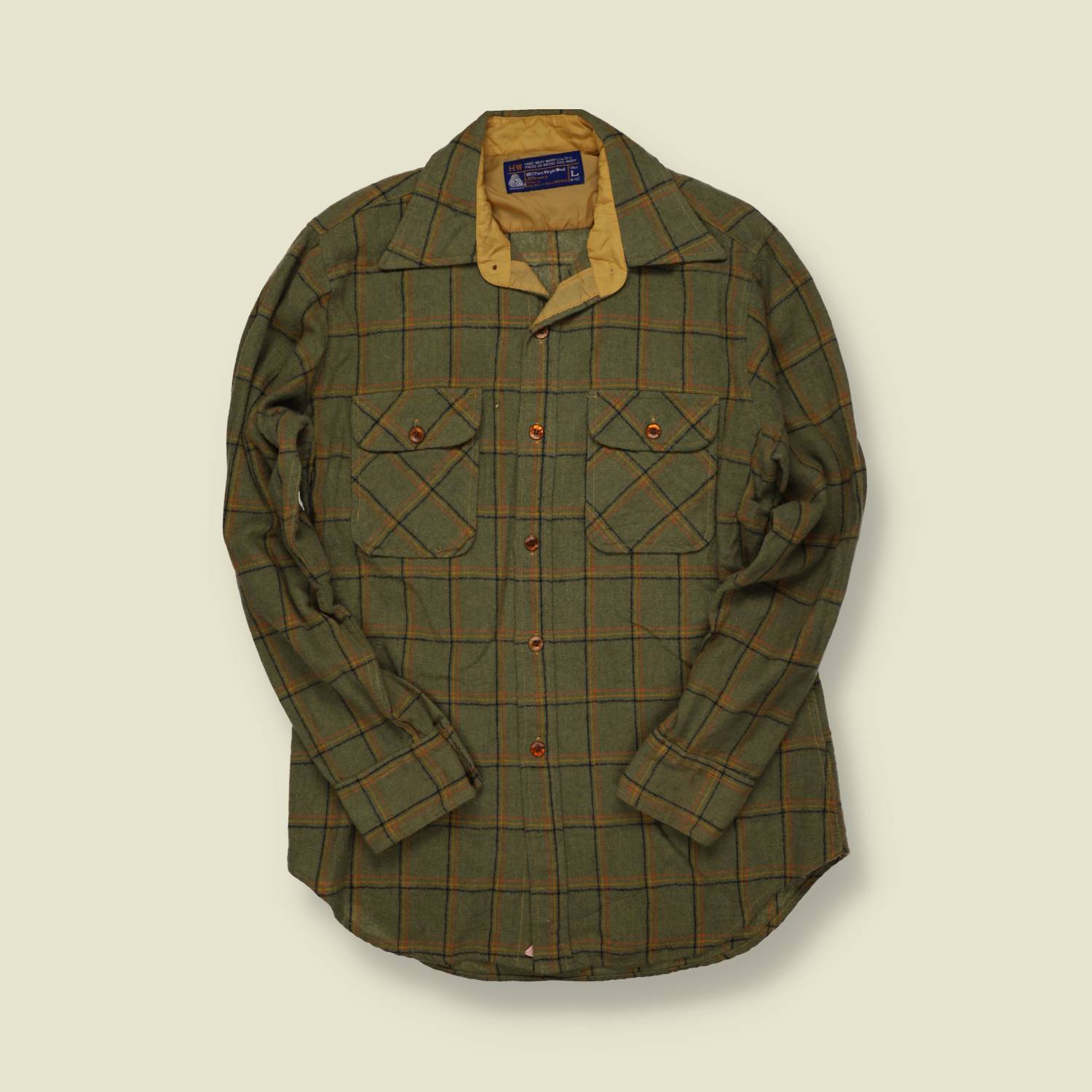 1970s | J.C. Penney | Heavy Flannel Shirt – Olive/Orange Windowpane - S