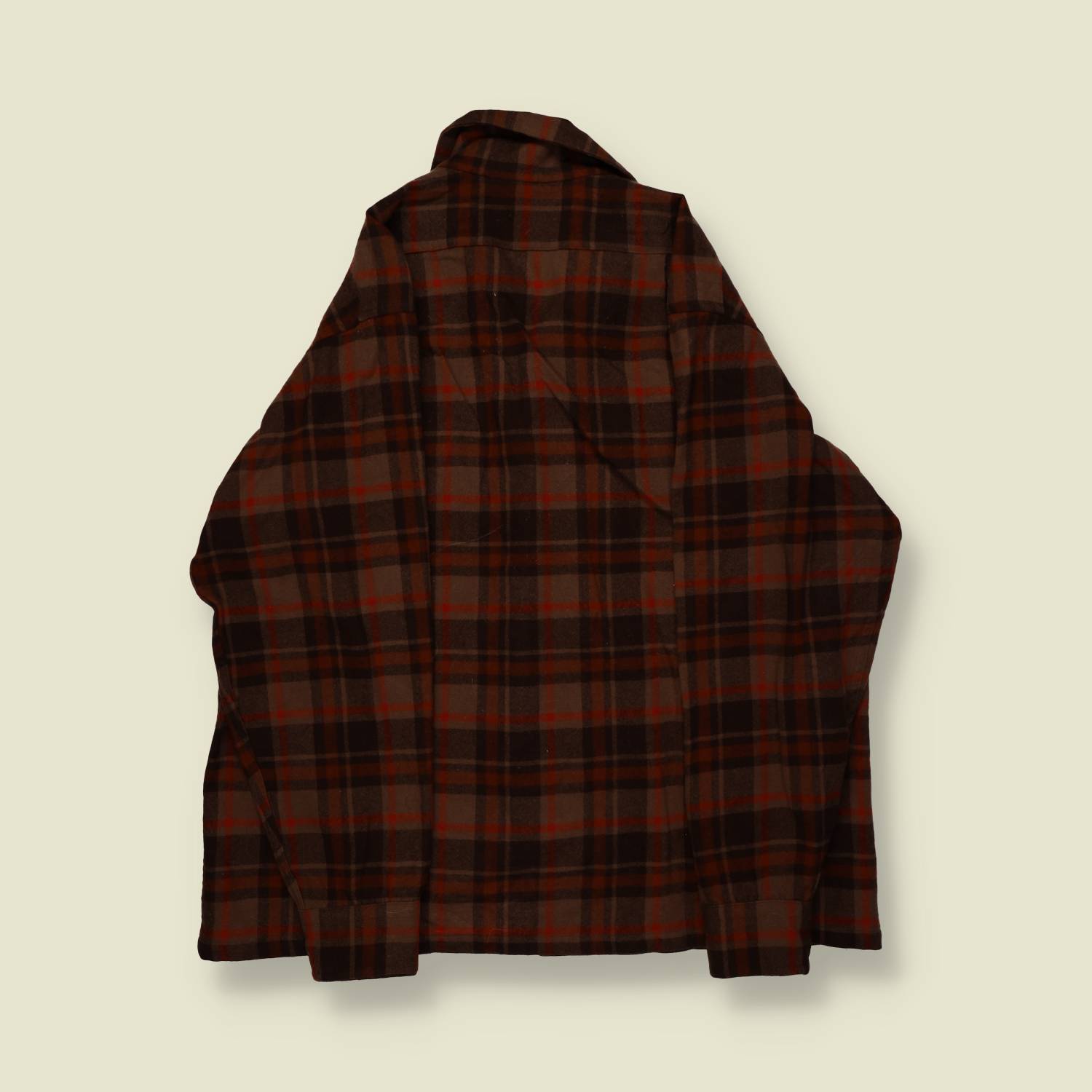 1960s–1970s | Wool Shirt – Brown/Charcoal/Red Plaid - M