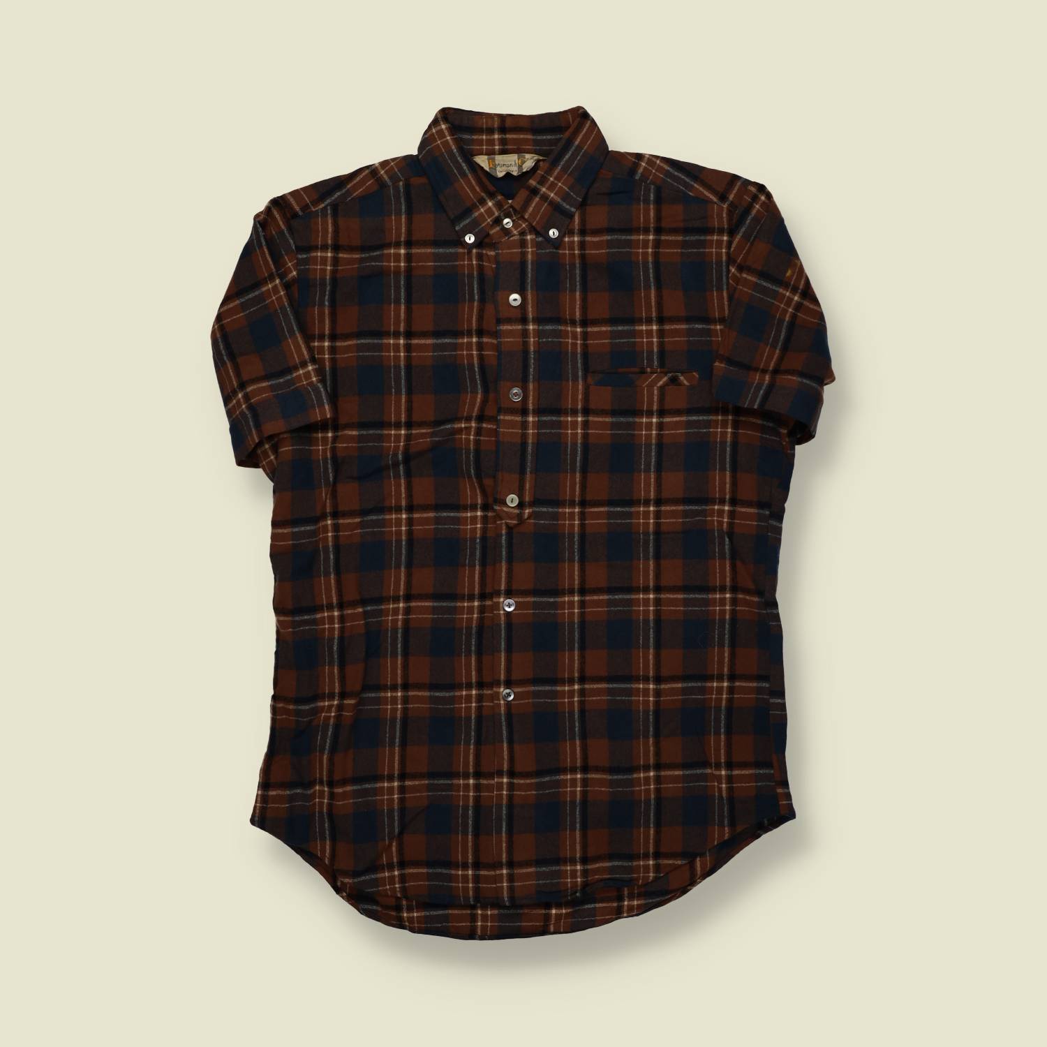 1960s | Freeman & Clark | Short-Sleeve Flannel Shirt – Brown/Navy Check - S