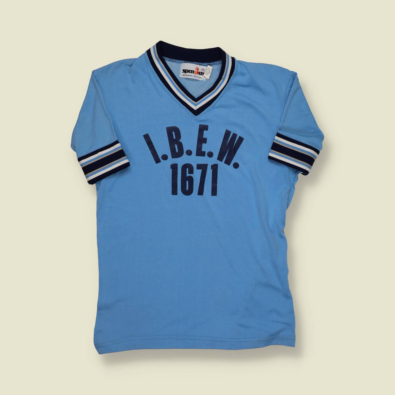 1970s | Spanjan | I.B.E.W. 1671 V-Neck Tee – Light Blue/Navy - XXS/XS