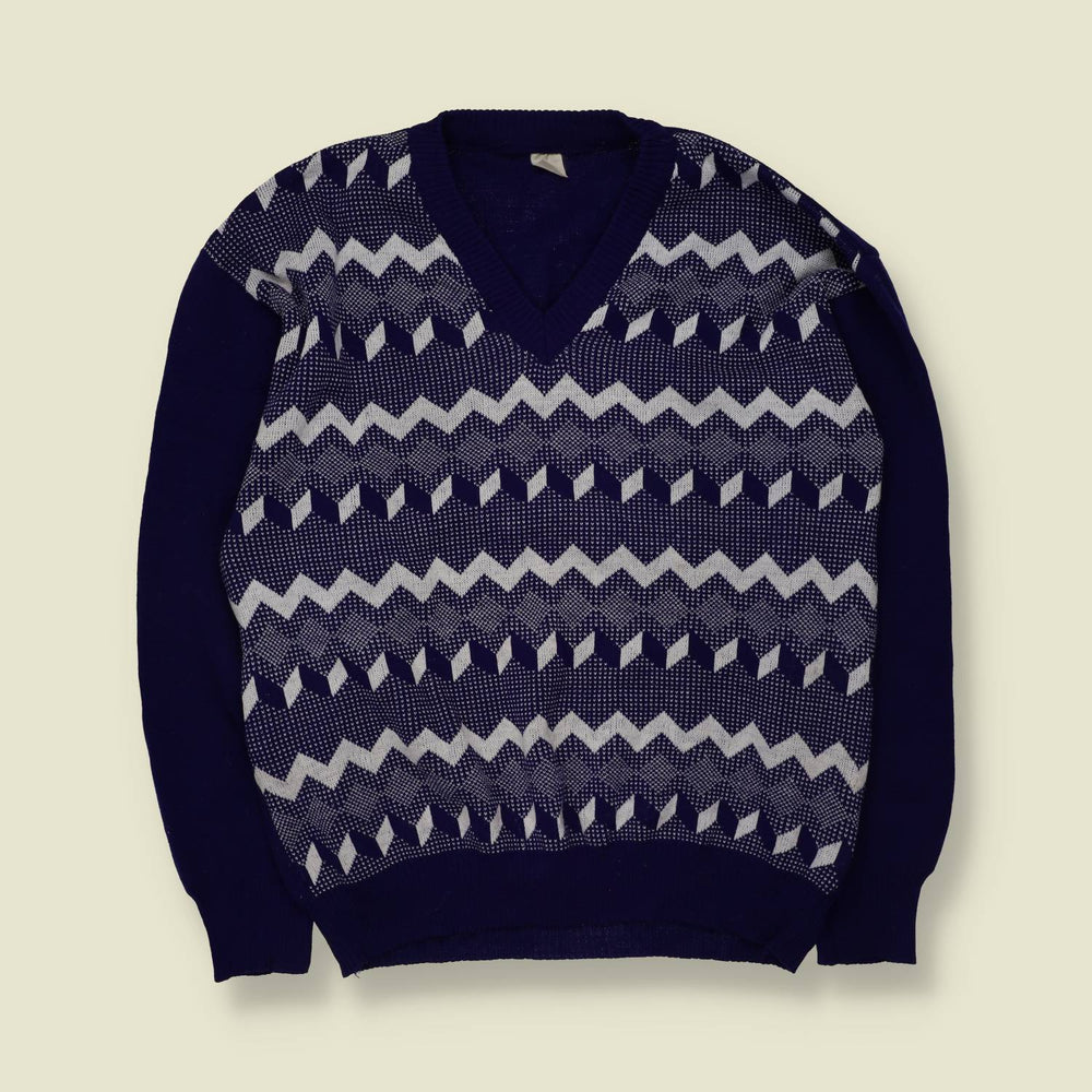 1970s | Pattern Knit Jumper | Blue & White - L