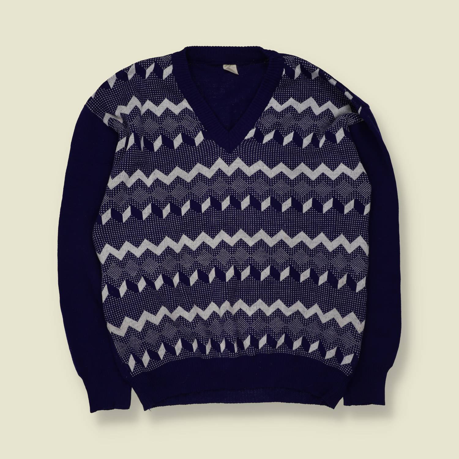 1970s | Pattern Knit Jumper | Blue & White - L