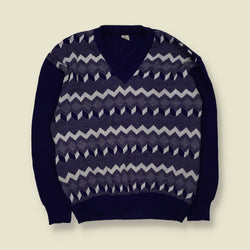 1970s | Pattern Knit Jumper | Blue & White - L