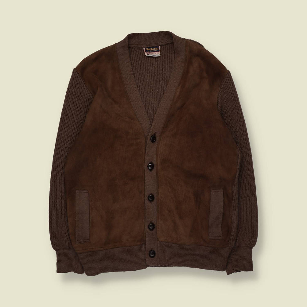 1970s | Glenhusky Of Scotland Made In Scotland | Suede & Knit Cardigan | Brown - L