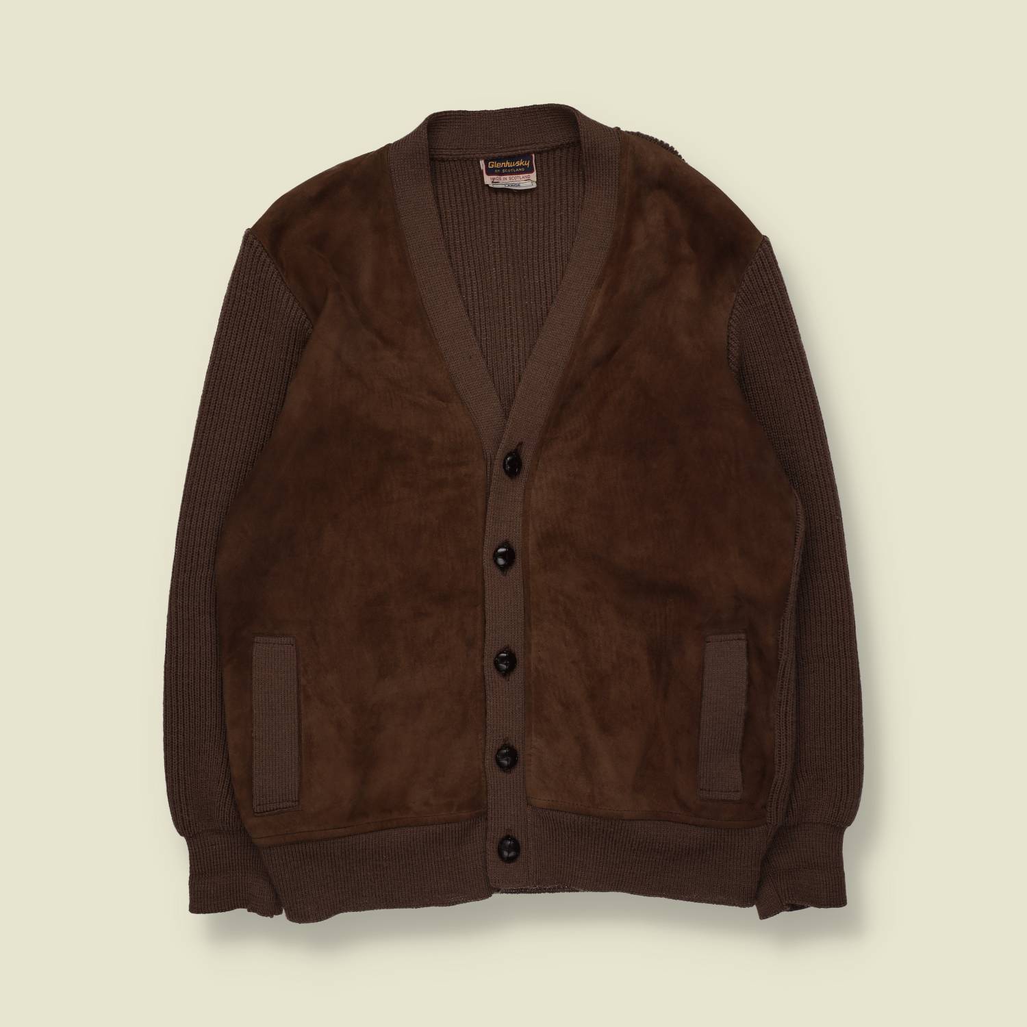 1970s | Glenhusky Of Scotland Made In Scotland | Suede & Knit Cardigan | Brown - L