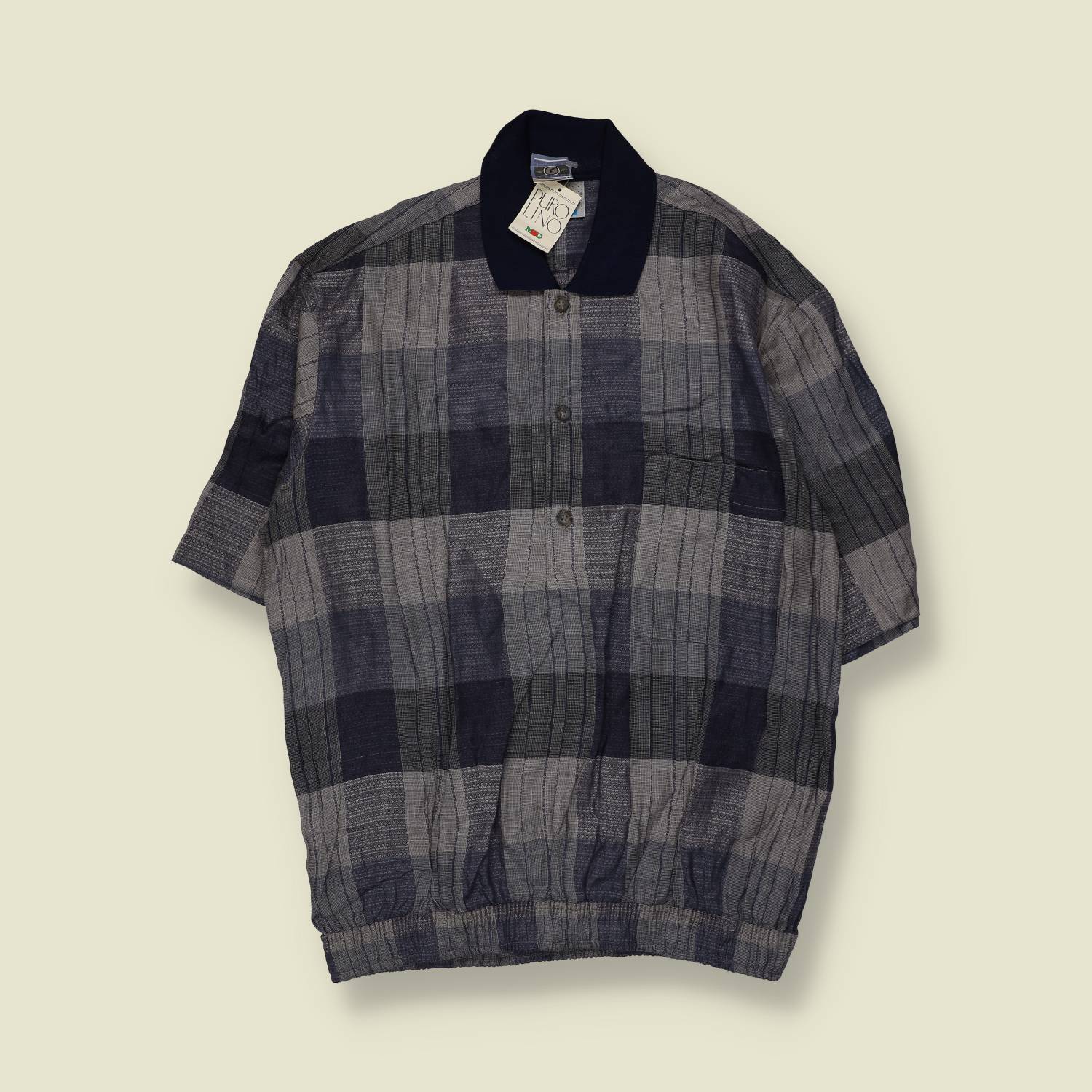 1980s | Puro Lino | Deadstock Linen Polo Shirt | Blue & Grey Check - L