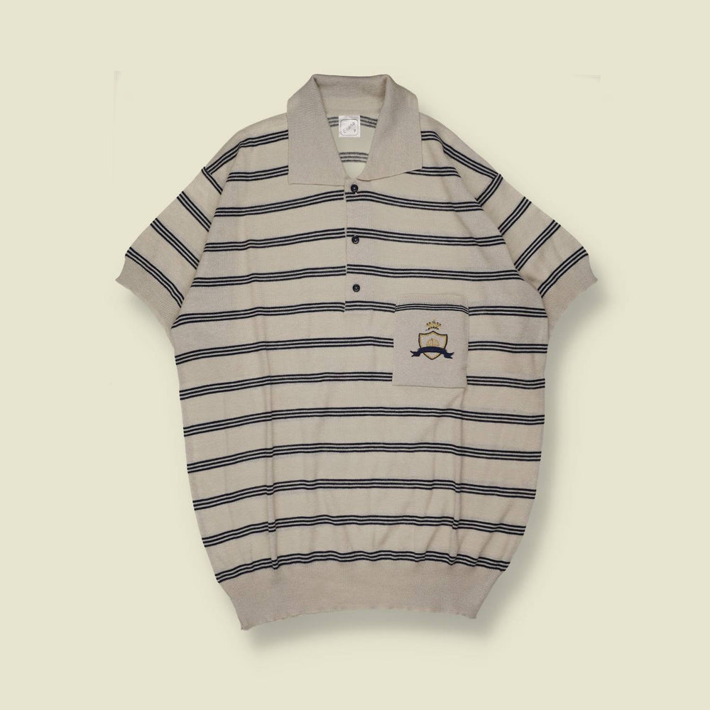 1980s | Eliana | Knit Polo Shirt | Cream & Navy Stripe - XL