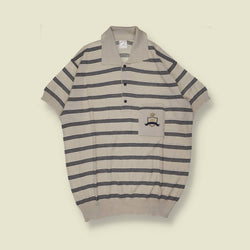 1980s | Eliana | Knit Polo Shirt | Cream & Navy Stripe - XL