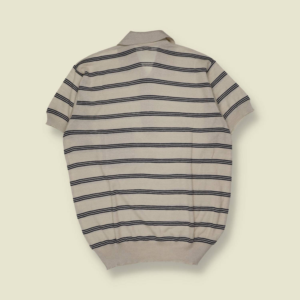1980s | Eliana | Knit Polo Shirt | Cream & Navy Stripe - XL