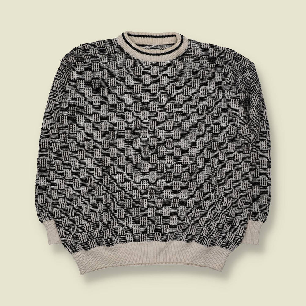 1980s | Patterned Knit Jumper | Black And Cream - XXL