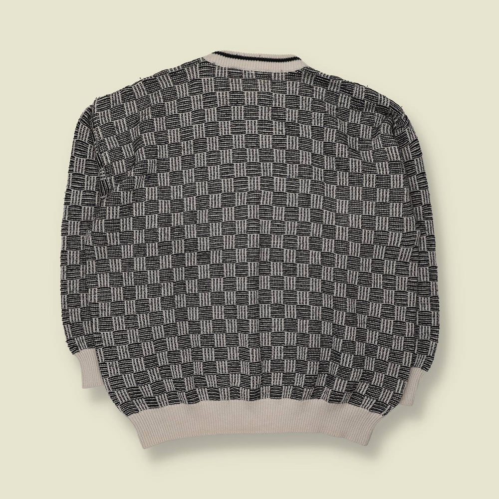 1980s | Patterned Knit Jumper | Black And Cream - XXL