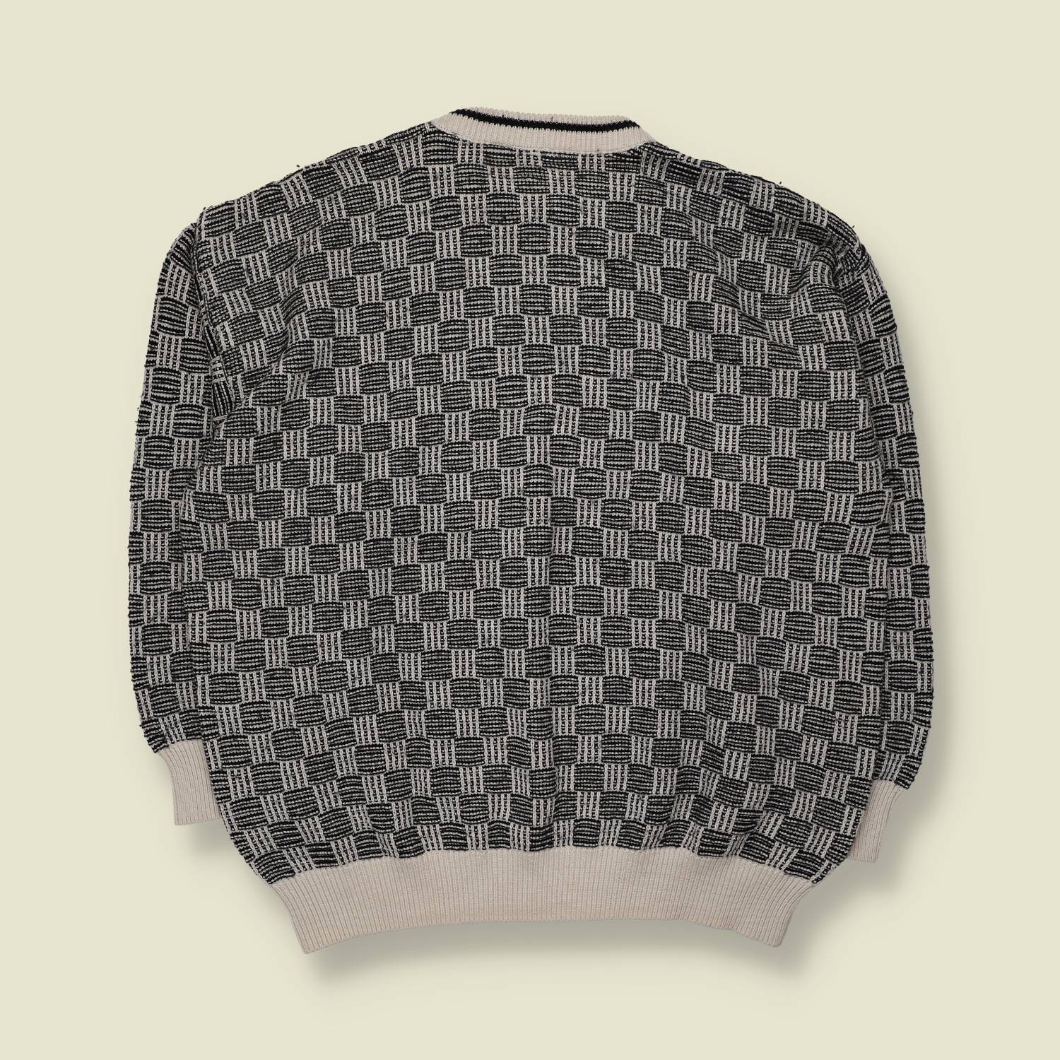 1980s | Patterned Knit Jumper | Black And Cream - XXL