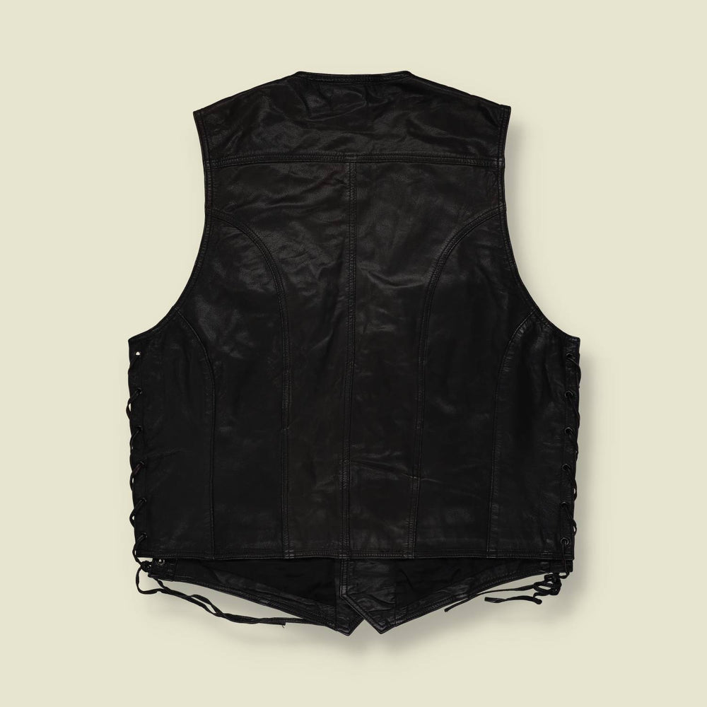 1990s | Leather Biker Vest | Black - XL