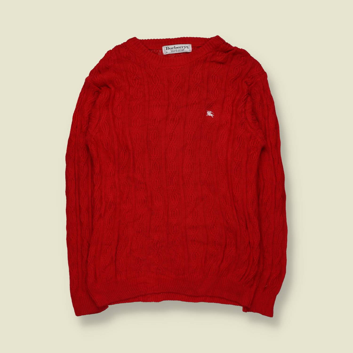 1980s | Burberry's | Made In England | Cable Knit Jumper | Red - XXS