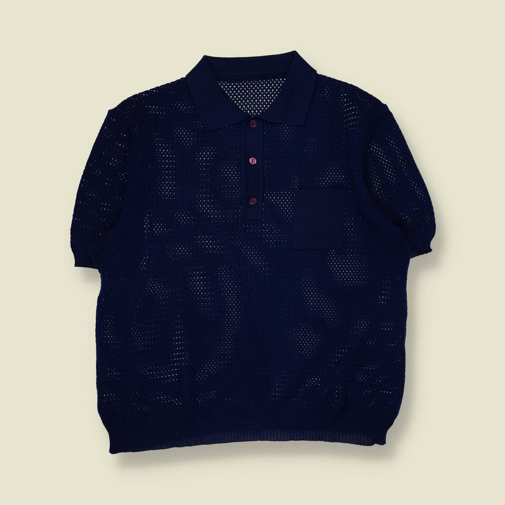 1970s | Open Knit Polo Top | Navy - XXL