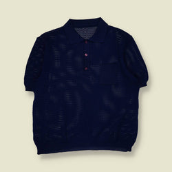 1970s | Open Knit Polo Top | Navy - XXL