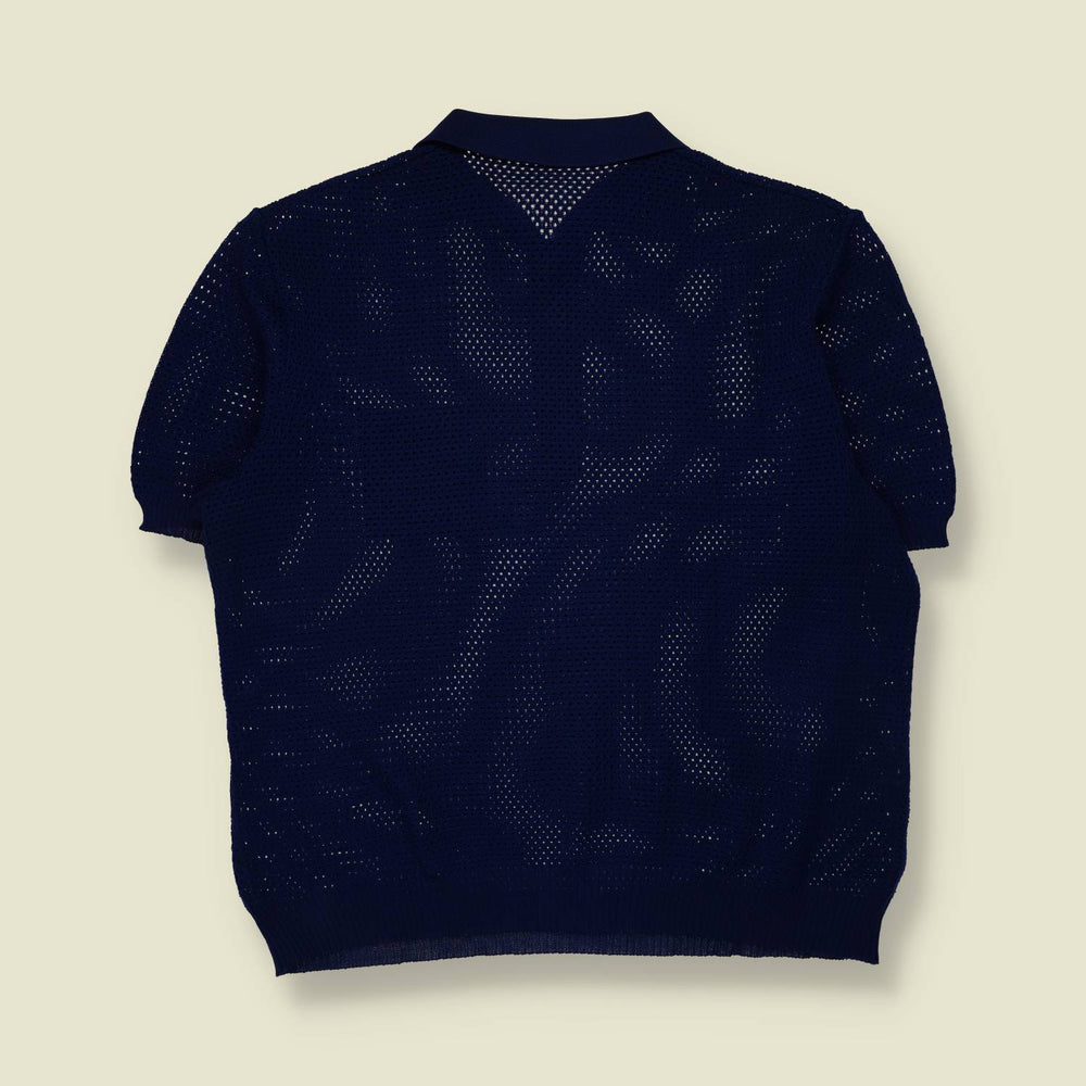 1970s | Open Knit Polo Top | Navy - XXL