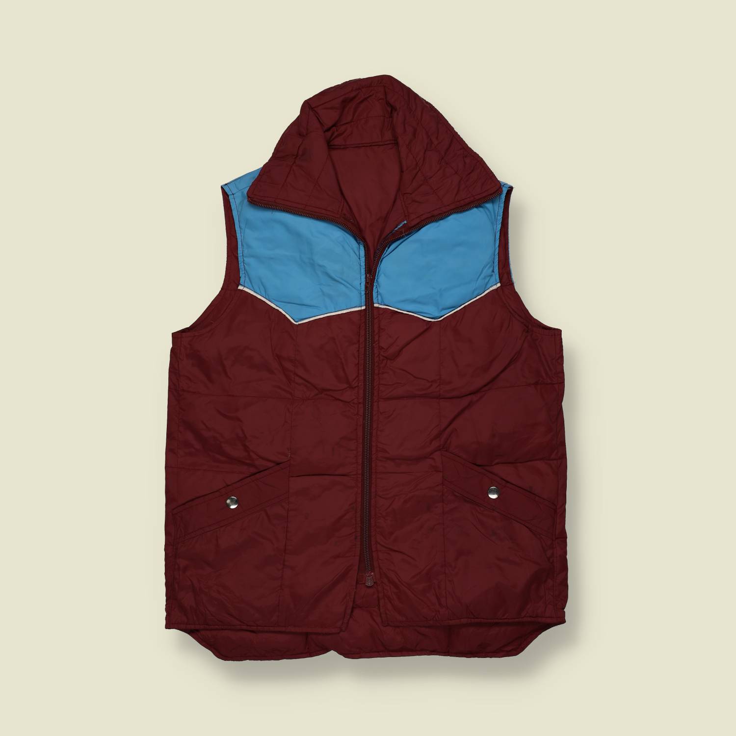 1970s | Reversible Style | Quilted Gilet | Burgundy & Sky Blue – S