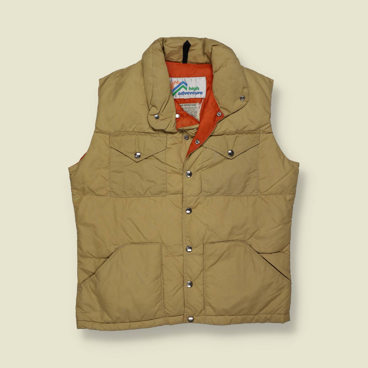 1970s | High Adventure | Snap-Front Insulated Gilet | Tan With Orange Lining - L