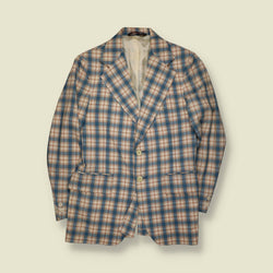 1970s | Made In USA | Plaid Tailored Blazer | Blue & Tan Check - XS