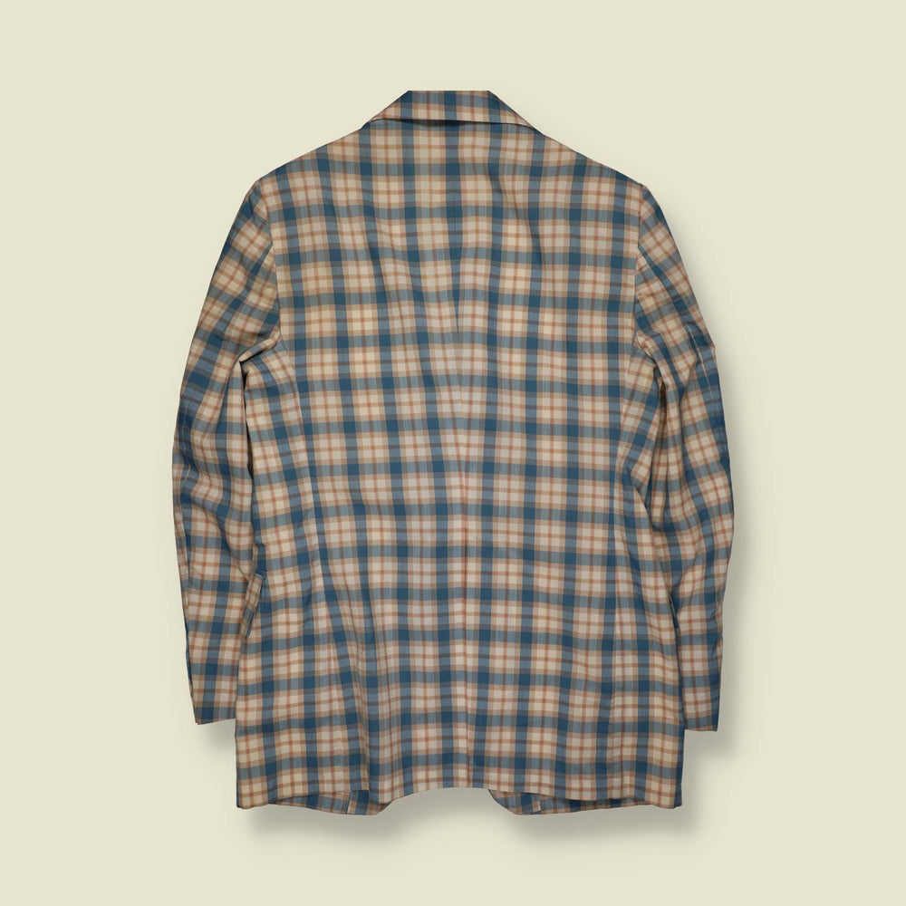 1970s | Made In USA | Plaid Tailored Blazer | Blue & Tan Check - XS