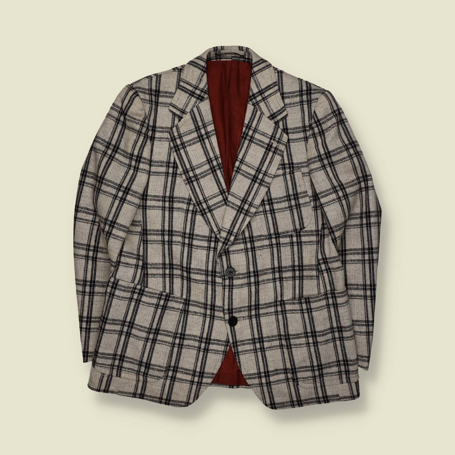 1970s | Tailored Blazer | Cream & Black Plaid - S