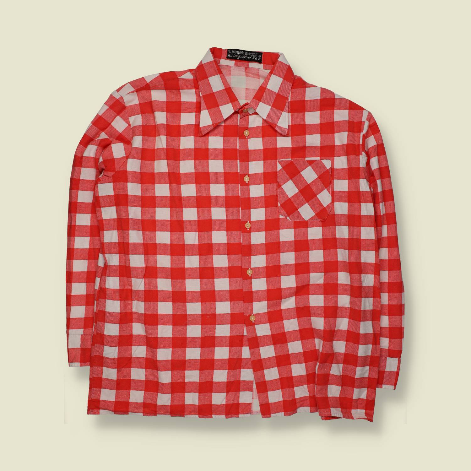 1970s | Long Sleeve Shirt | Red & White Gingham Check - XXXL