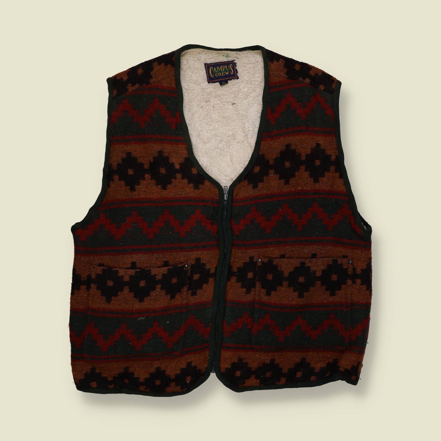 1980s | Campus Crew | Aztec Pattern Fleece-Lined Vest | Brown & Green - XL