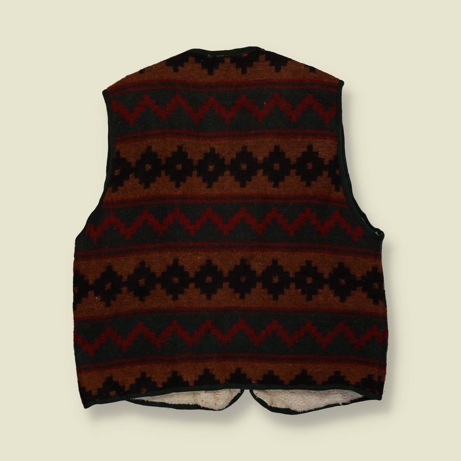 1980s | Campus Crew | Aztec Pattern Fleece-Lined Vest | Brown & Green - XL