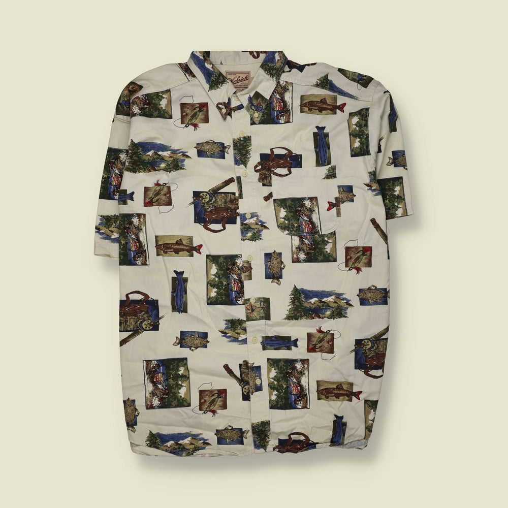 1990s | Woolrich | Fishing Print Short Sleeve Shirt – Off White - XXXXXXL